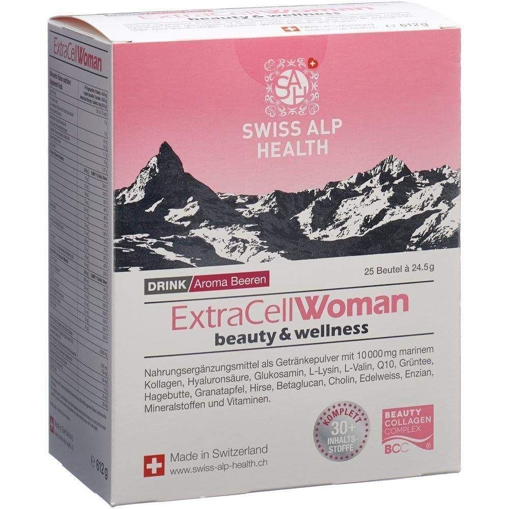 Verpackung von ExtraCellWoman, Beauty & Wellness. Enthält 25 Beutel. Swiss Alp Health Logo und Inhaltsstoffe sind sichtbar.