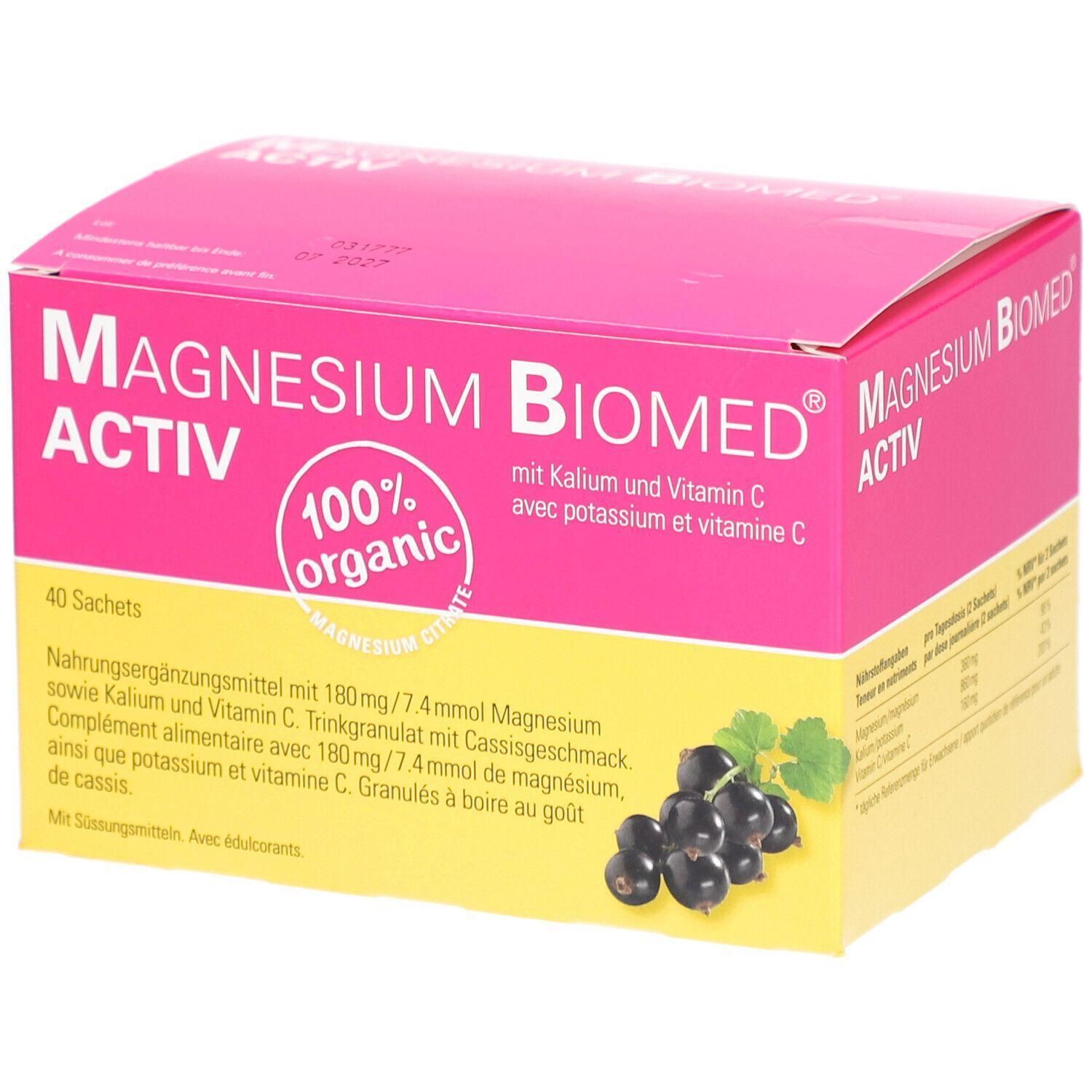 Verpackung von Magnésium Biomed® Activ. Rosa-gelbe Schachtel mit Produktnamen und Inhaltsangaben. Enthält 40 Sachets. Mit 100% organic Siegel.
