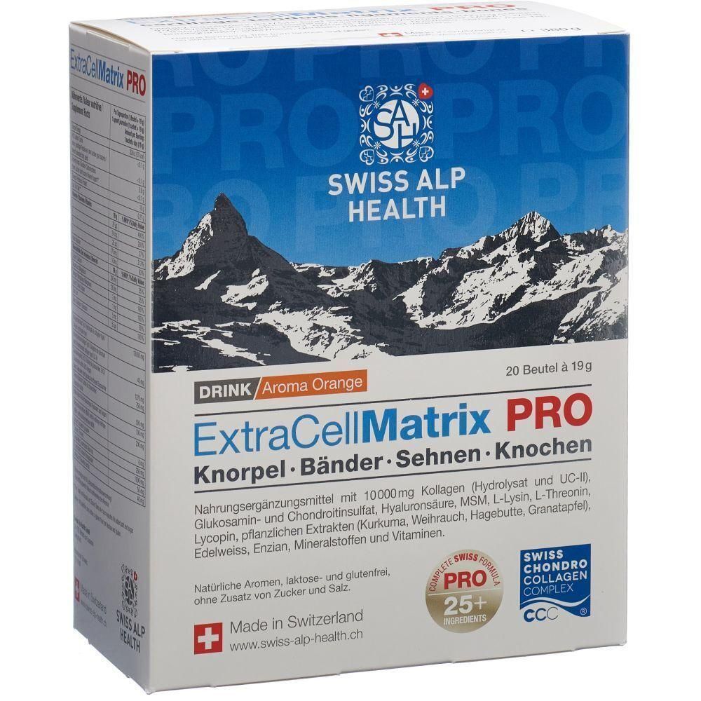 Verpackung von ExtraCellMatrix PRO. Blaue und weiße Schachtel mit Produktnamen, Inhaltsstoffen und Logo. Enthält 20 Beutel.