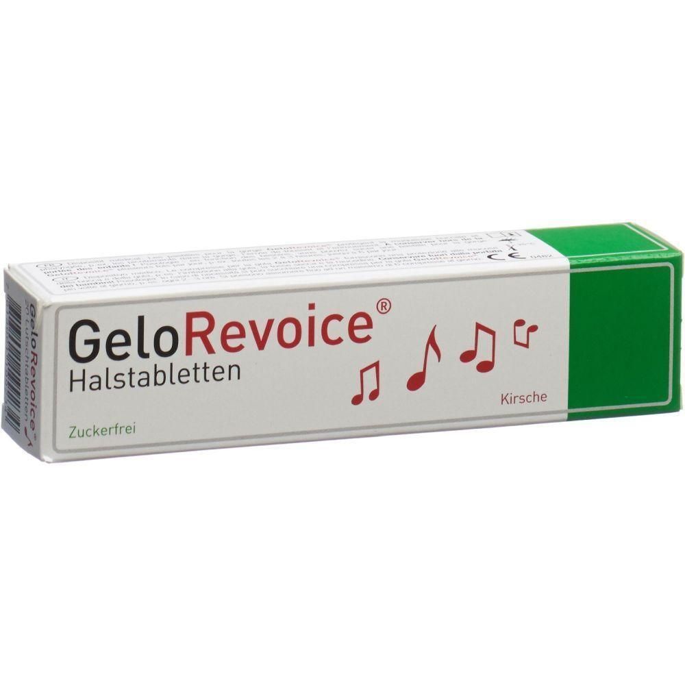 Weiße Schachtel mit grünem Ende. Aufschrift: GeloRevoice Halstabletten, zuckerfrei, Kirsche. Rote Noten.