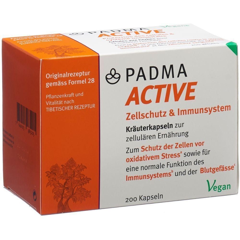 Karton mit PADMA ACTIVE Kapseln. Orange-weißes Design mit Produktnamen und Text. Enthält 200 Kapseln. Vegan-Siegel.