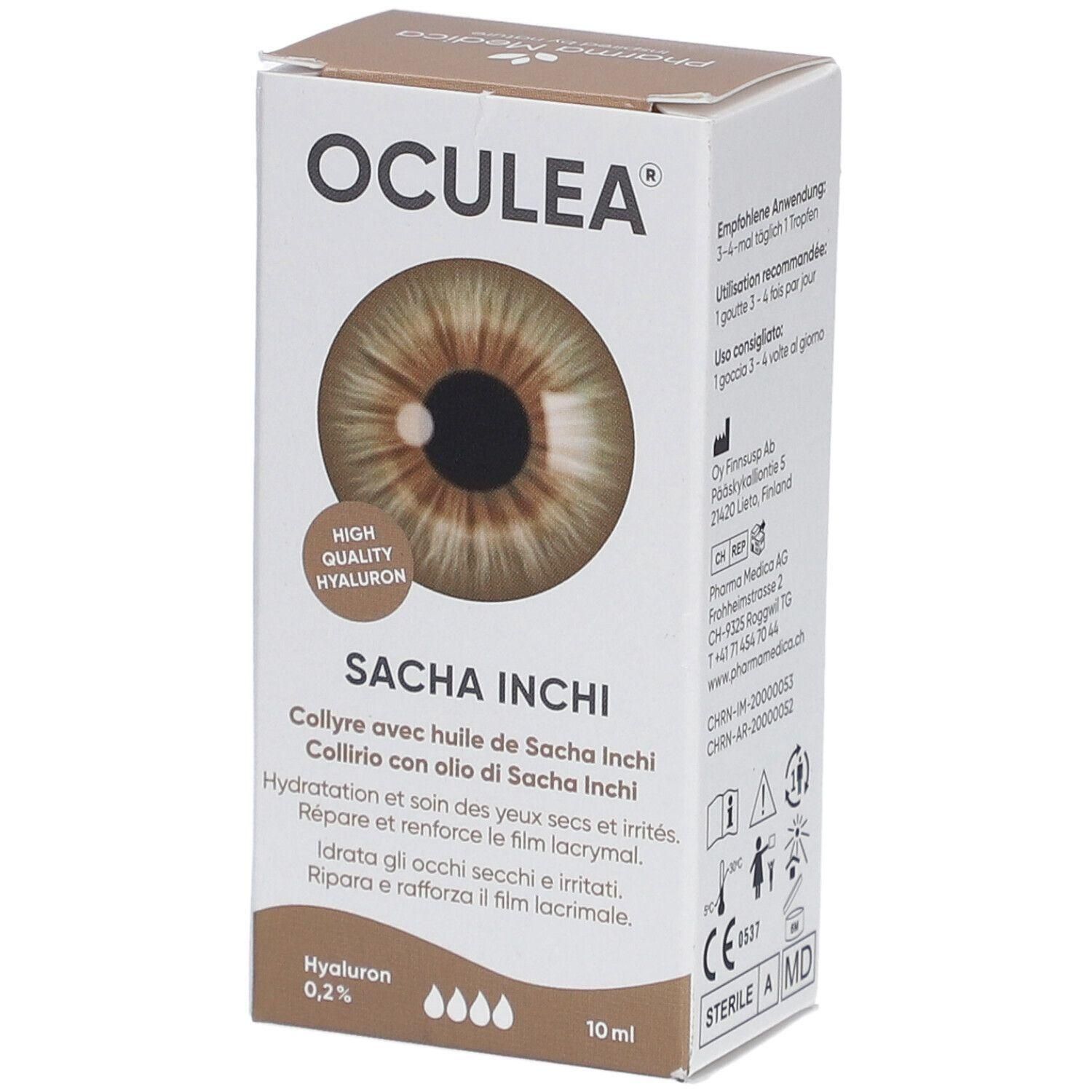 Boîte de collyre OCULEA. Inscription : SACHA INCHI, Hyaluron 0,2%, 10 ml. Image d'un œil.