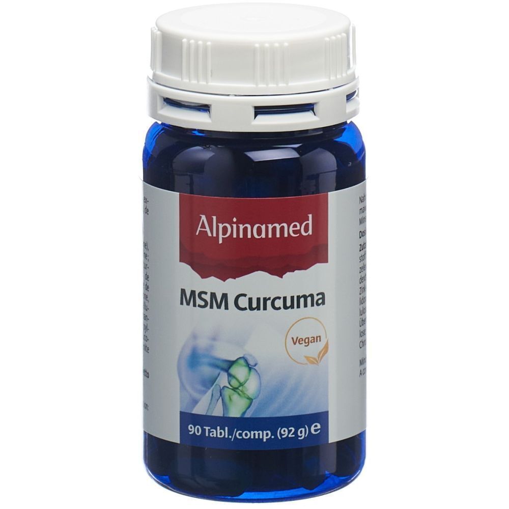 Blaue Flasche mit weißem Deckel. Auf dem Etikett steht Alpinamed MSM Curcuma. Vegan-Siegel. 90 Tabletten.