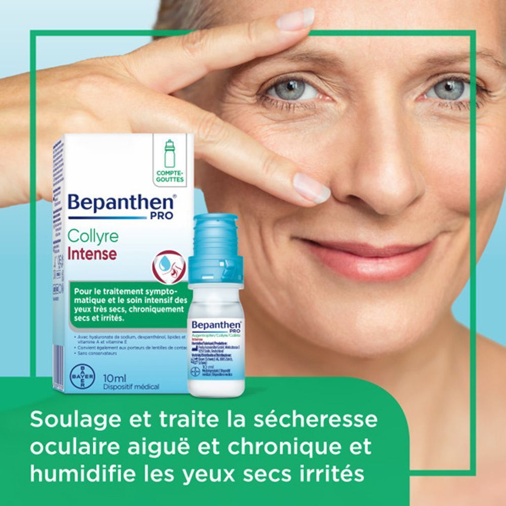 Frau mit Bepanthen PRO Augentropfen Intense Packung und Flasche. Blaue Kappe, weiße Flasche. 10ml. Für trockene Augen.