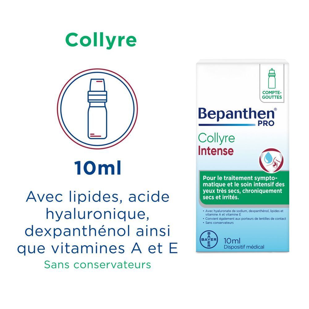 Bepanthen PRO Augentropfen Intense Flasche und Packung. 10ml. Enthält Lipide, Hyaluronsäure, Dexpanthenol und Vitamine A und E.