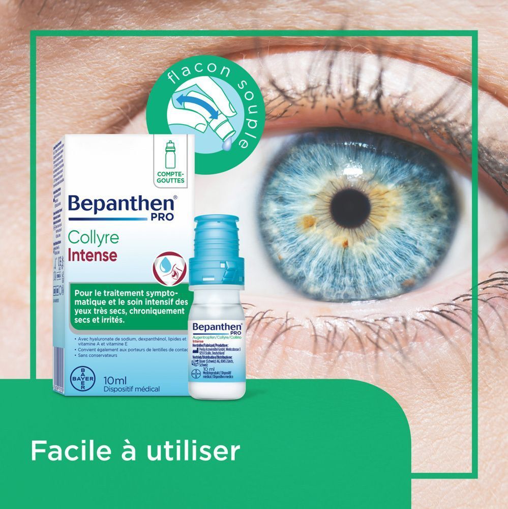 Auge mit Bepanthen PRO Augentropfen Intense Flasche. Blaue Kappe, weiße Flasche. 10ml. Für trockene Augen.