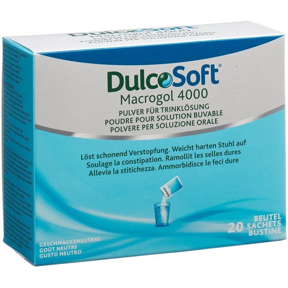 Karton mit DULCOSOFT® Pulver. Aufschrift: Macrogol 4000, Pulver für Trinklösung. 20 Beutel. Illustration: Pulver in Glas.