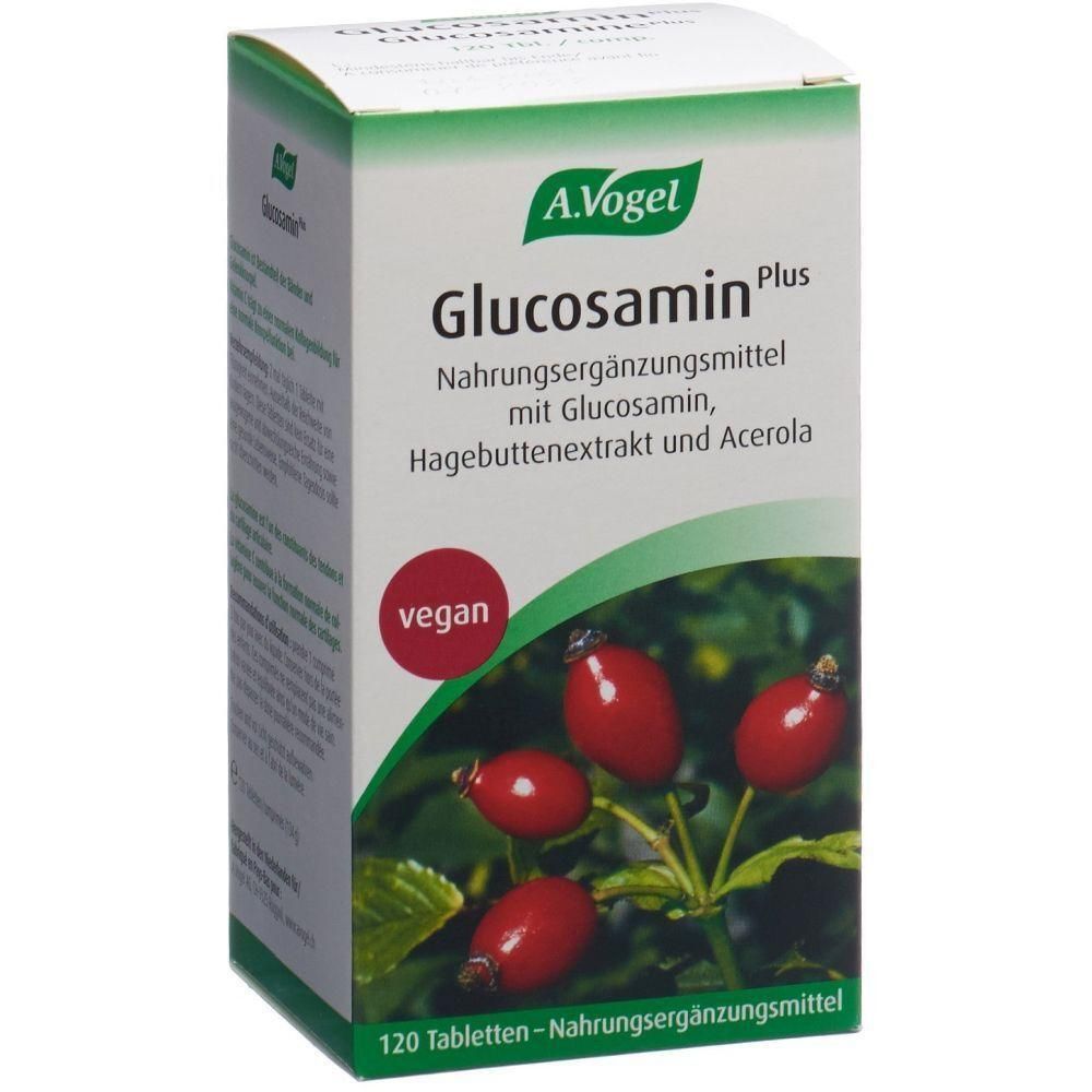 Karton mit A. Vogel Glucosamin Plus. Aufschrift: Nahrungsergänzungsmittel mit Glucosamin, Hagebuttenextrakt und Acerola. Vegan-Siegel.