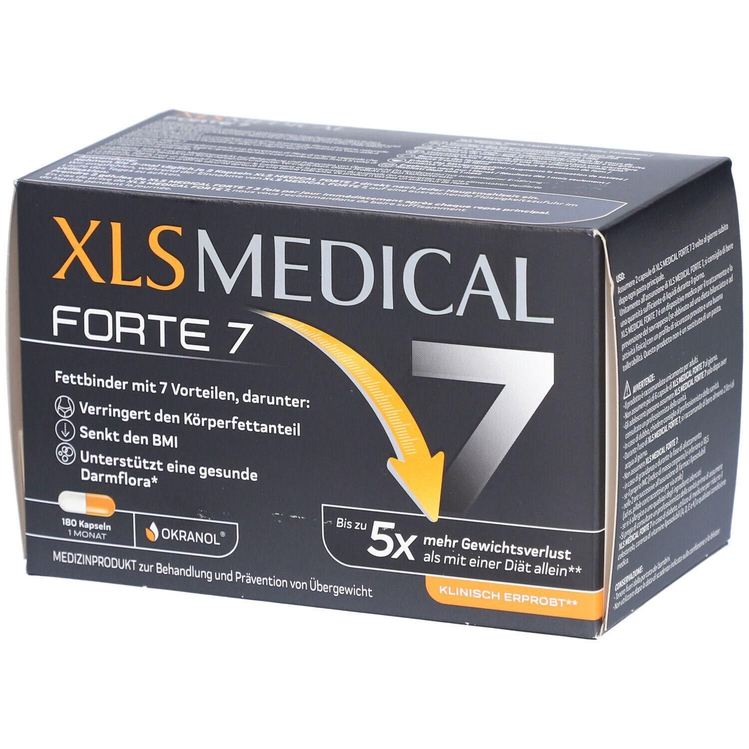 Boîte de produit noire avec texte blanc. Contient « XLS MEDICAL FORTE 7 ». Flèche jaune et chiffre 7. Dispositif médical pour le surpoids.