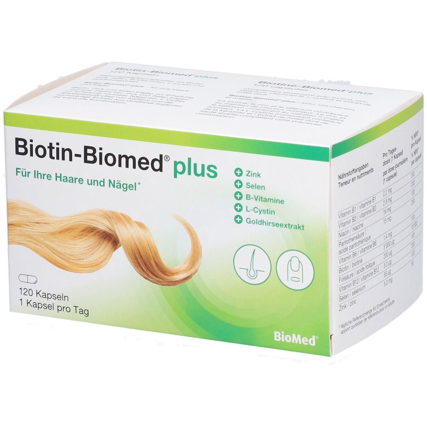 Weiß-grüne Schachtel mit Produktnamen und Inhaltsstoffen. Abbildung von Haaren und Nägeln. Enthält 120 Kapseln. Marke: BioMed.