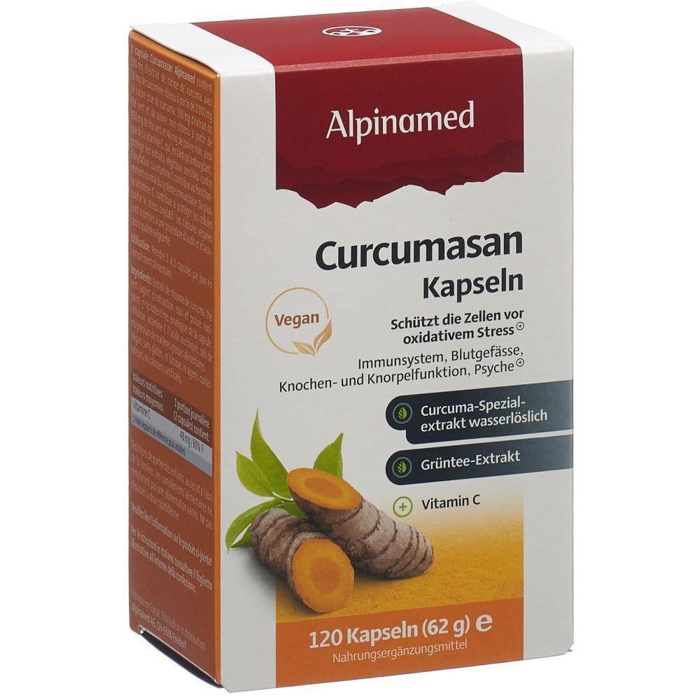 Kartonverpackung mit Produktinformationen. Aufschrift: Alpinamed, Curcumasan Kapseln, Vegan. Abbildung von Kurkuma-Wurzeln.