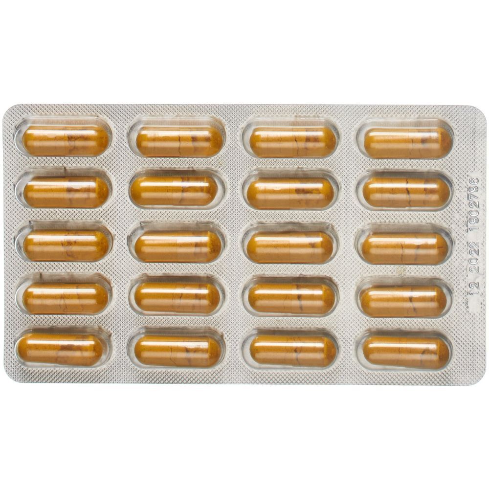 Blisterpackung mit Kapseln. 20 gelbe Kapseln in einer Blisterpackung. Haltbarkeitsdatum: 12-2022.