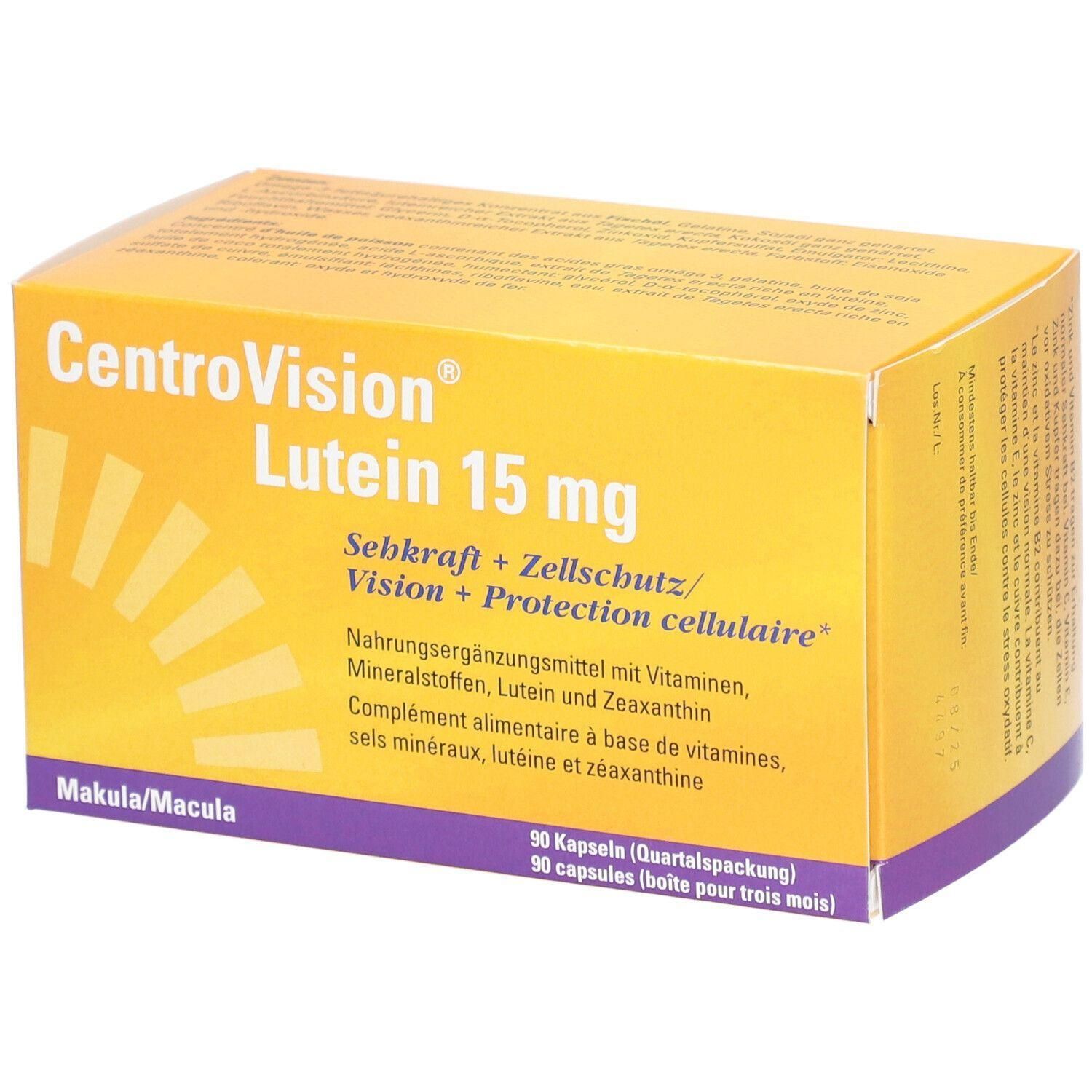 Gelbe Schachtel mit der Aufschrift "CentroVision Lutein 15 mg". Enthält 90 Kapseln. Text in Deutsch und Französisch.