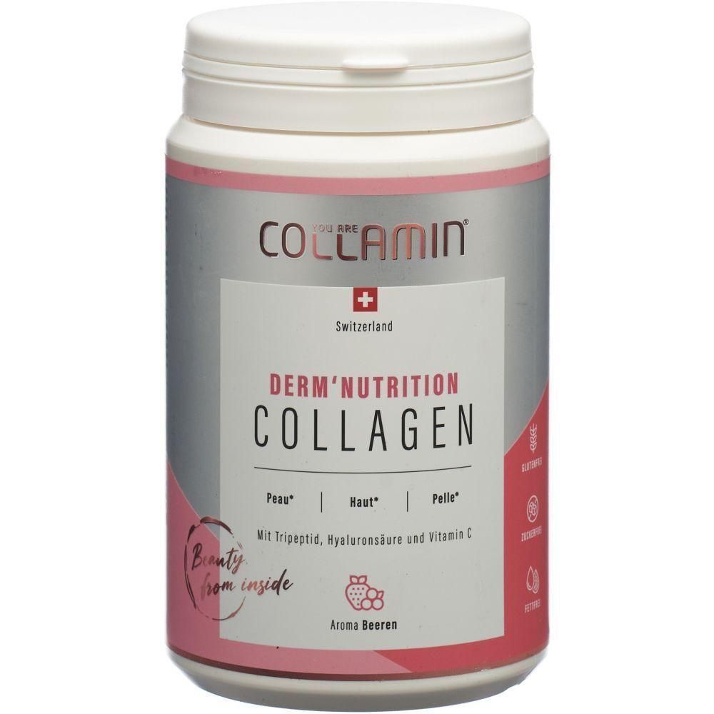 Weißer Behälter mit COLLAMIN Derm'Nutrition Collagen-Aufschrift. Schweizer Kreuz. Aroma Beeren. Mit Tripeptid, Hyaluronsäure und Vitamin C.