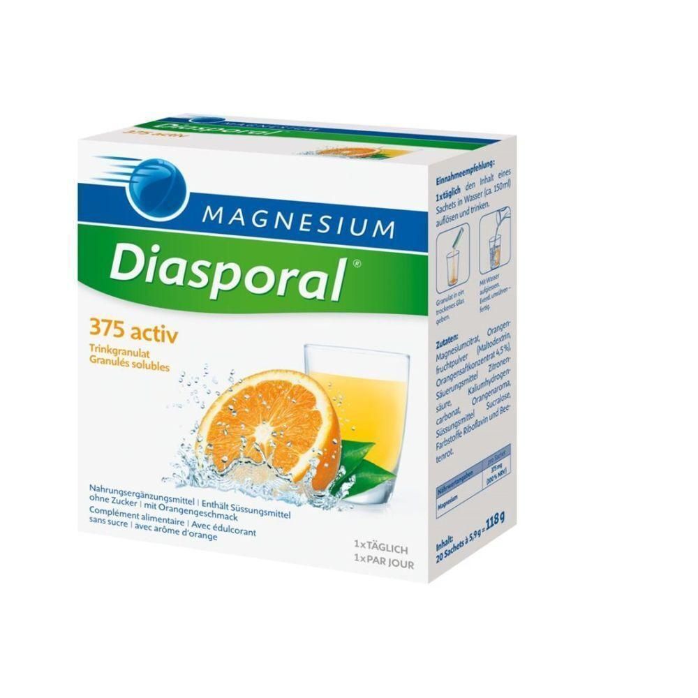 Verpackung von Magnesium Diasporal 375 activ. Abbildung einer Orange und eines Getränks. Text: Trinkgranulat, 1 x täglich.