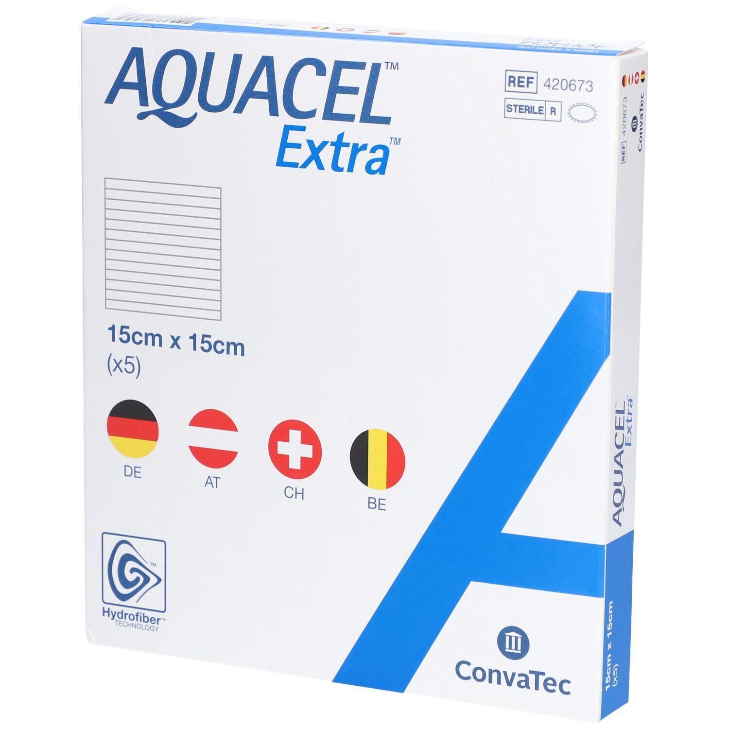 Emballage de pansement Aquacel Extra. Dimensions 15x15cm. Contient 5 pièces. Avec indications pays DE, AT, CH, BE. Marque ConvaTec.