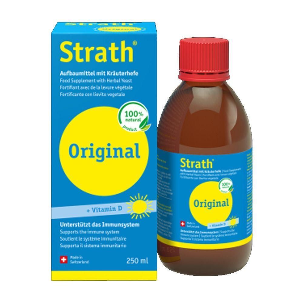 Blau-gelbe Verpackung und Flasche. Aufschrift Strath Original + Vitamin D. 100% natürliches Produkt. 250 ml Flasche.
