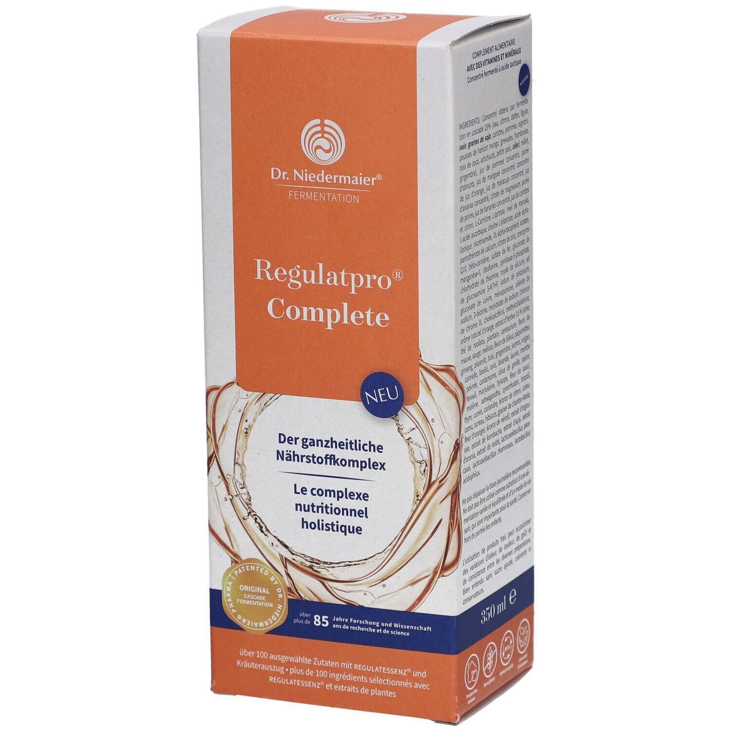 Kartonverpackung mit Produktnamen Regulatpro Complete. Orange-weißes Design mit Logo und Text. Enthält Informationen in Deutsch und Französisch.