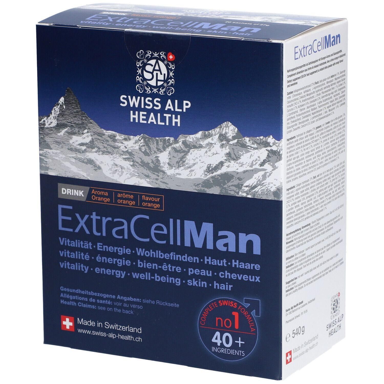 Dunkelblaue Schachtel mit Produktnamen ExtraCellMan. Enthält Logo, Schriftzug Swiss Alp Health, Berge, und Informationen zu Inhaltsstoffen.