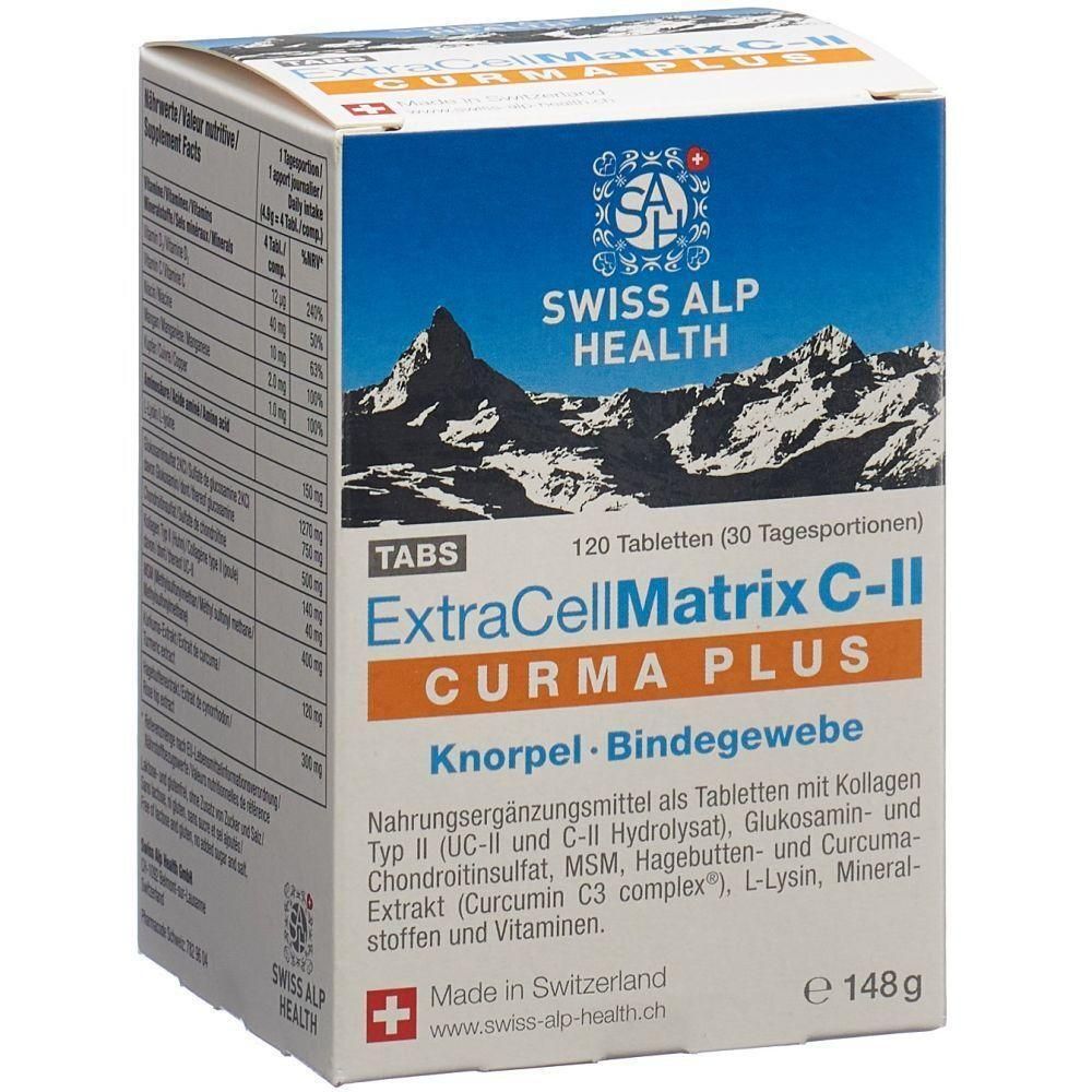 Weißer Karton mit Produktnamen ExtraCellMatrix C-II CURMA PLUS. Swiss Alp Health Logo und Text. Enthält 120 Tabletten.