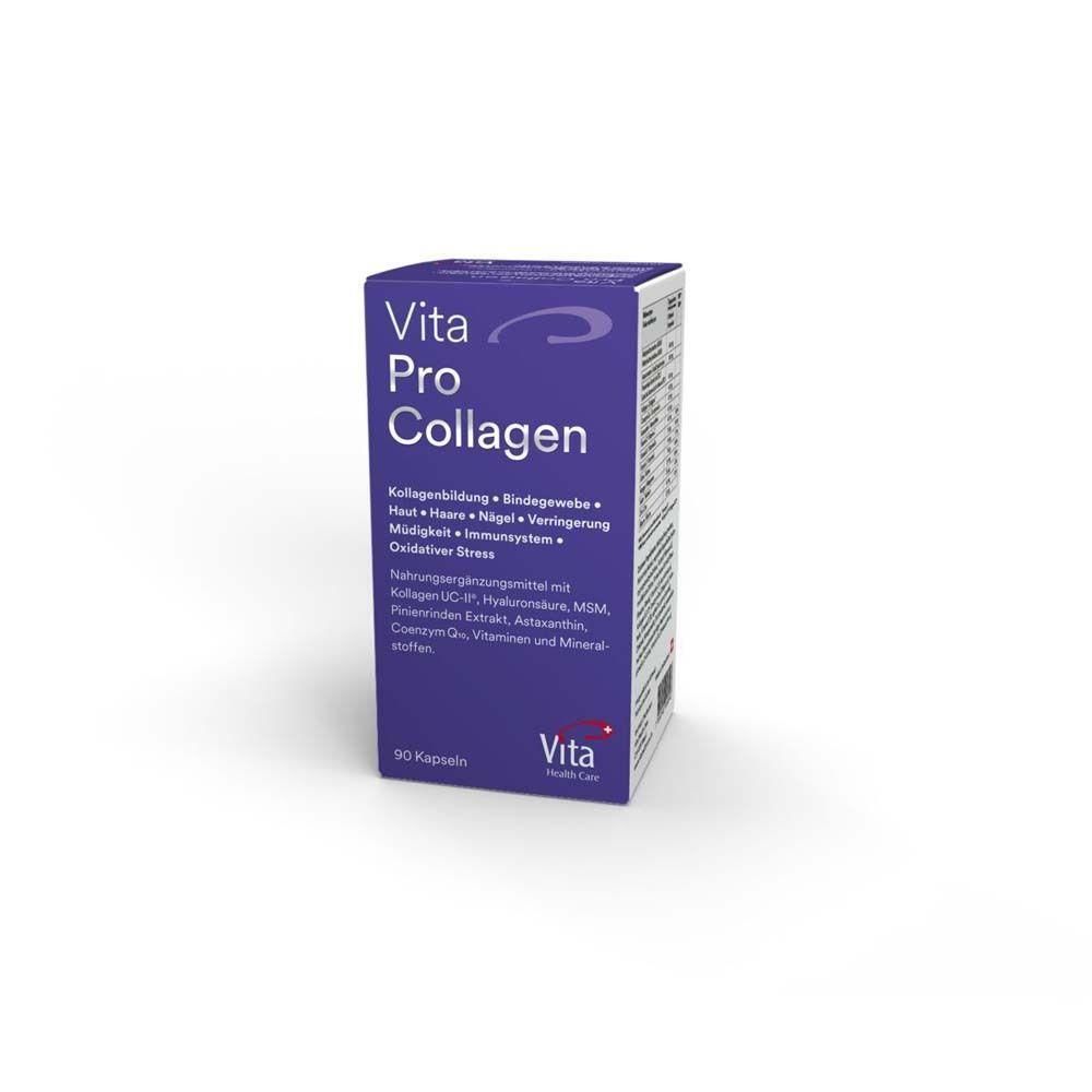 Lila Schachtel mit weißer Schrift. Aufschrift: Vita Pro Collagen. Enthält 90 Kapseln. Marke: Vita Health Care.