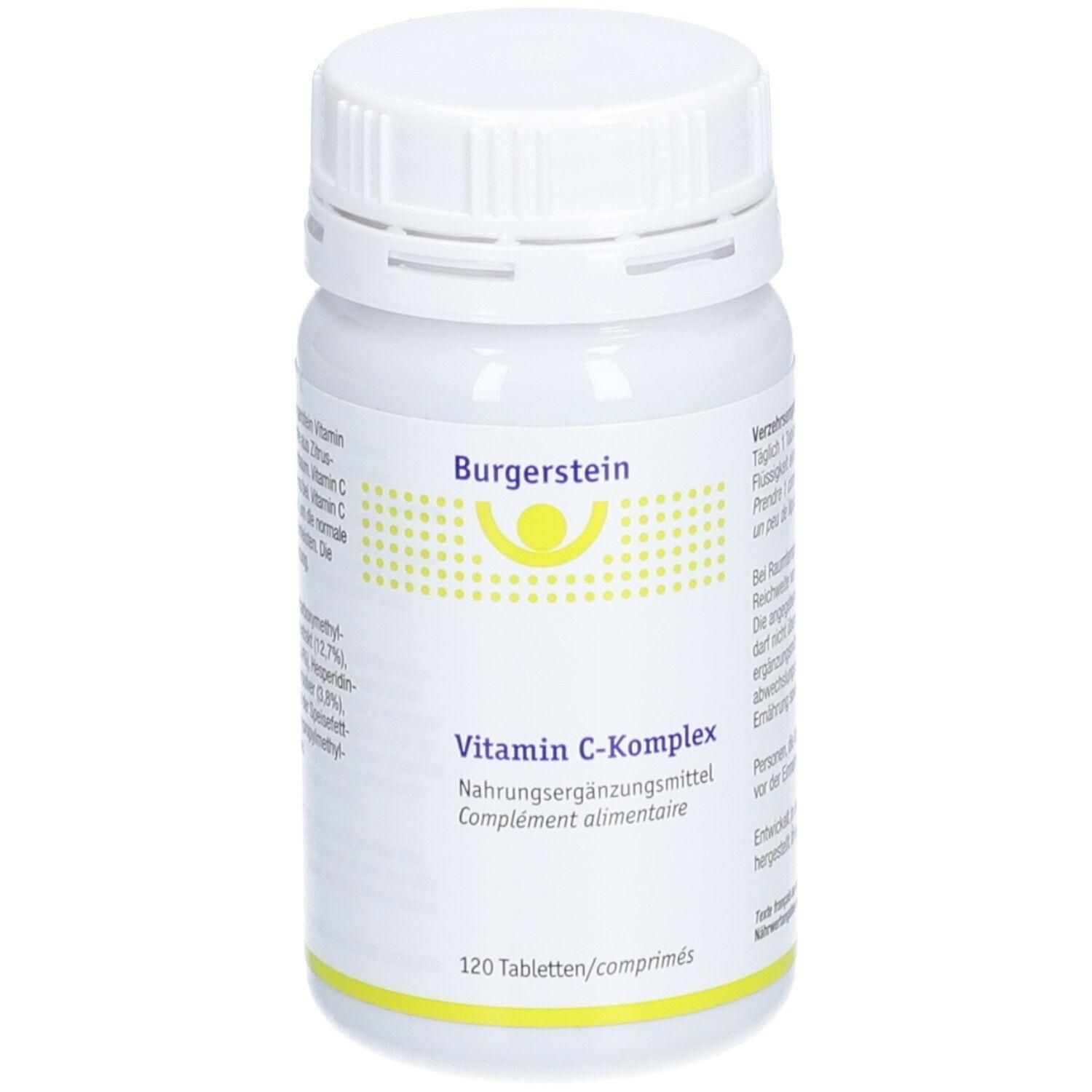 Weiße Flasche mit Schraubverschluss. Aufschrift Burgerstein, Vitamin C-Komplex, Nahrungsergänzungsmittel. 120 Tabletten.