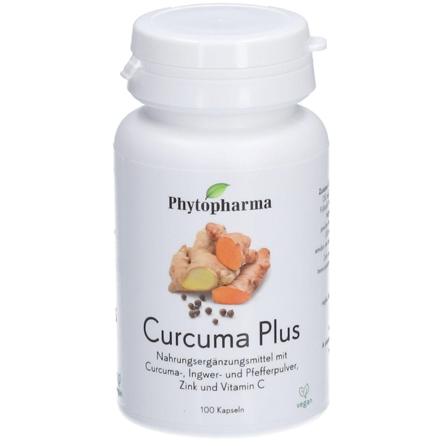 Weiße Flasche mit Kapseln. Aufschrift: Phytopharma, Curcuma Plus. Enthält Kurkuma, Ingwer, Pfefferpulver, Zink und Vitamin C. 100 Kapseln.