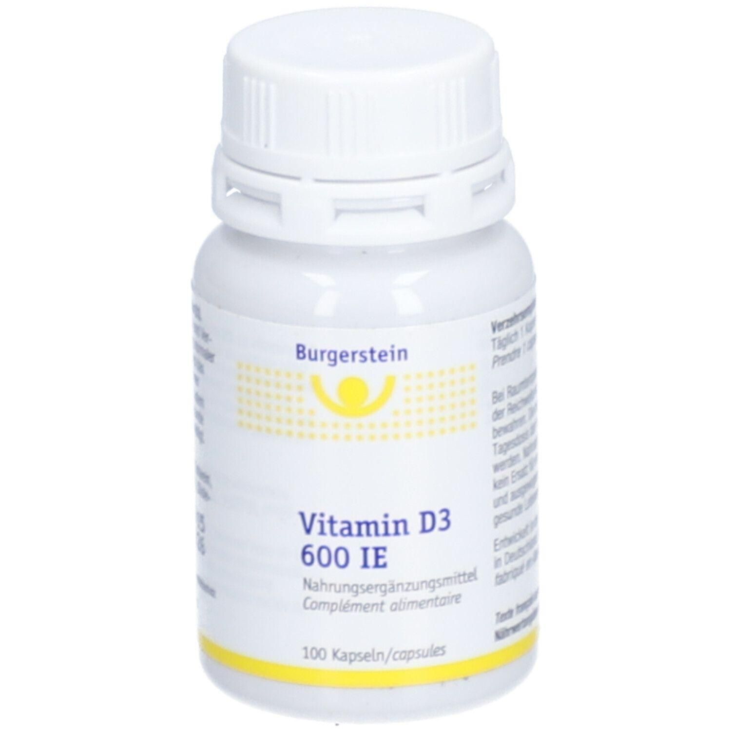 Weiße Flasche mit Schraubverschluss. Aufschrift: Burgerstein Vitamin D3 600 IE. 100 Kapseln.