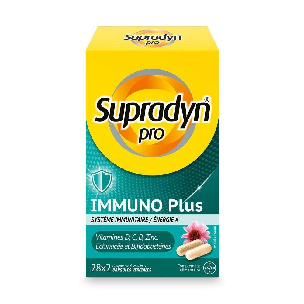 Gelbe Schachtel mit "Supradyn pro Immuno Plus". Enthält Kapseln. Text: "Vitamines D, C, B, Zinc, Echinacée et Bifidobactéries".