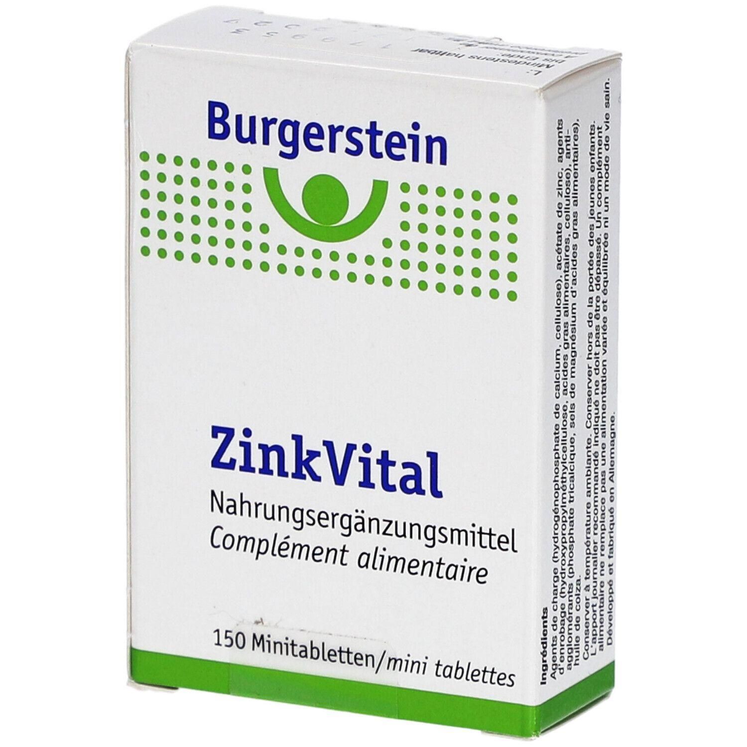 Weiße Schachtel mit grünem Streifen. Schriftzug Burgerstein, ZinkVital, Nahrungsergänzungsmittel. 150 Minitabletten.