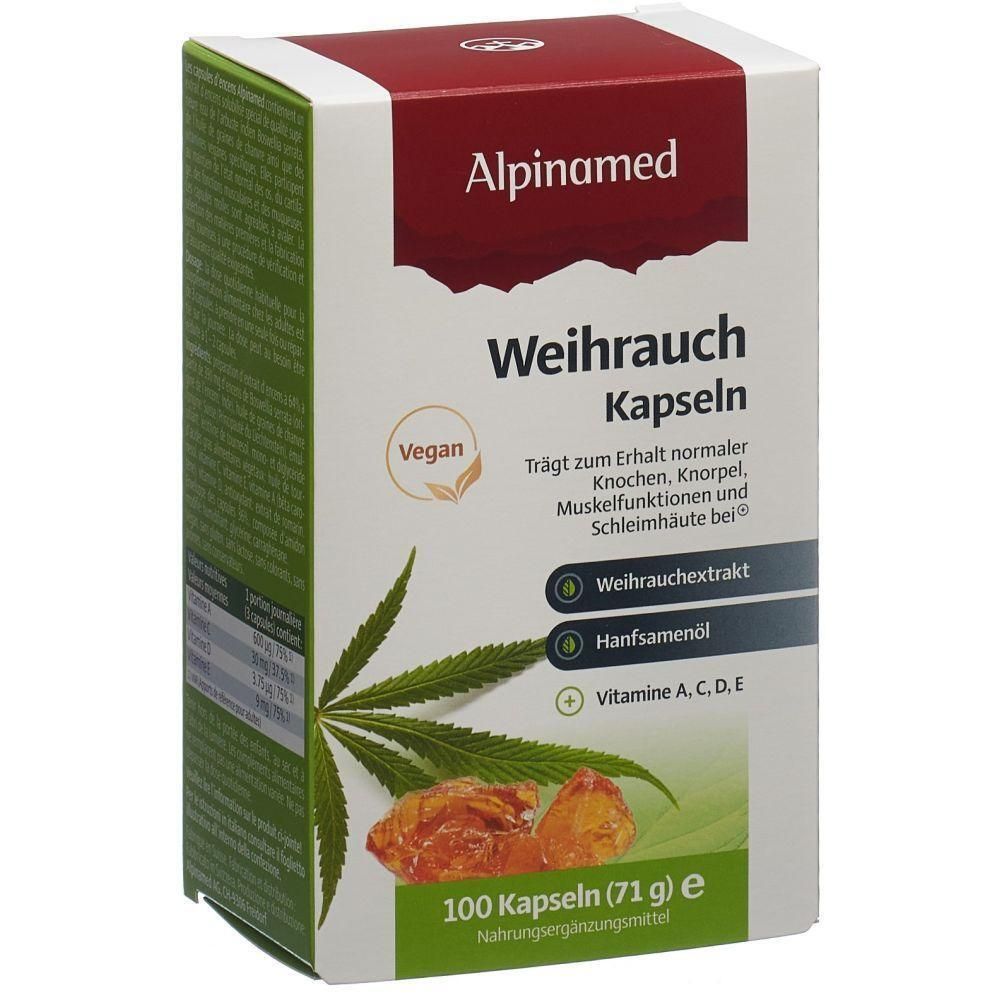 Karton mit Kapseln. Aufschrift: Alpinamed Weihrauch Kapseln. Vegan-Siegel. 100 Kapseln. Enthält Weihrauchextrakt, Hanfsamenöl, Vitamine.