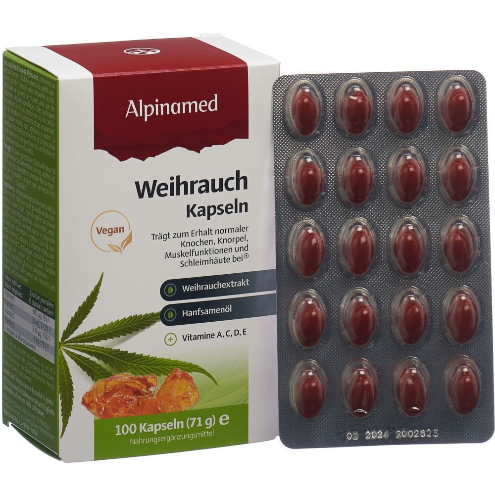 Packung mit Kapseln und Blister. Aufschrift: Alpinamed Weihrauch Kapseln. Vegan-Siegel. 100 Kapseln. Enthält Weihrauchextrakt, Hanfsamenöl, Vitamine.
