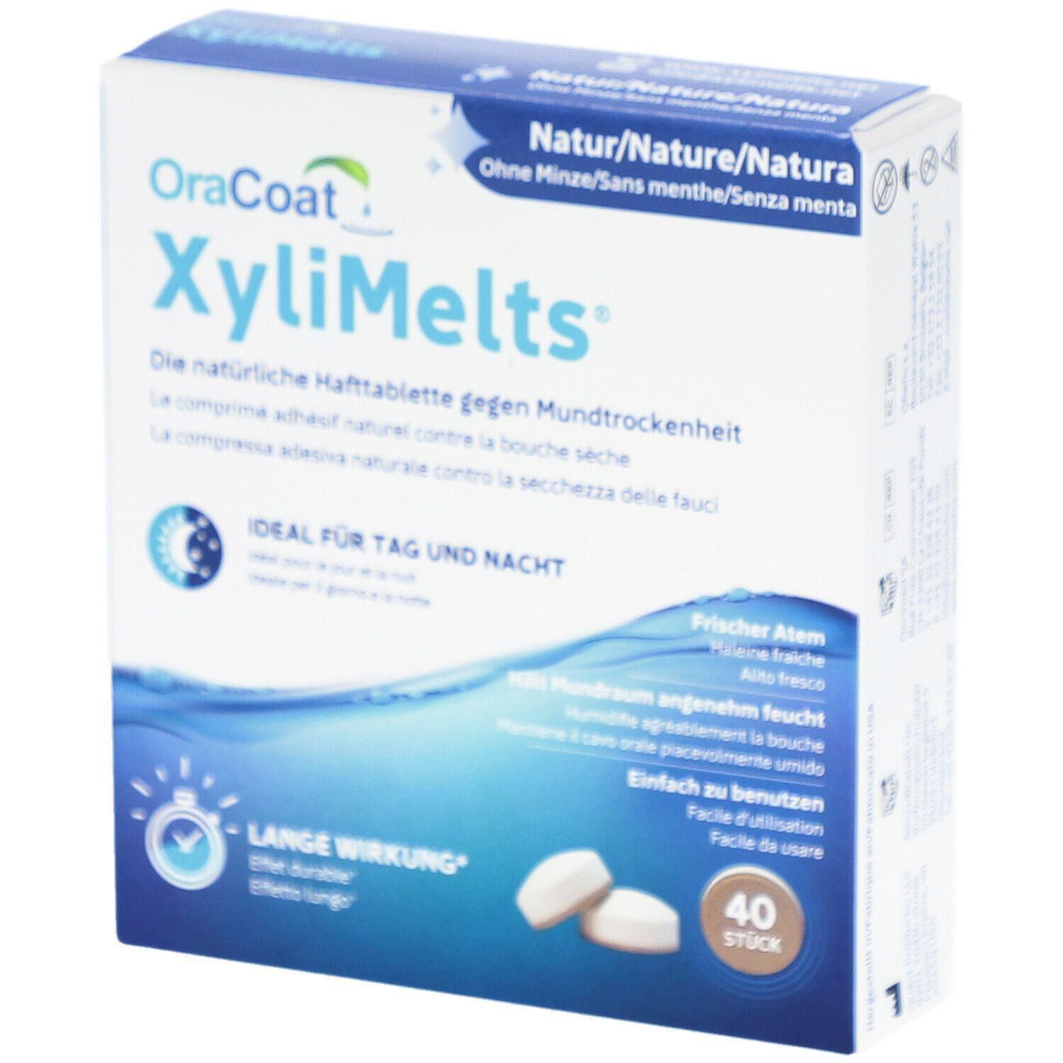 Schachtel mit OraCoat XyliMelts Hafttabletten. 40 Stück. Text: Ideal für Tag und Nacht, lange Wirkung, ohne Minze.