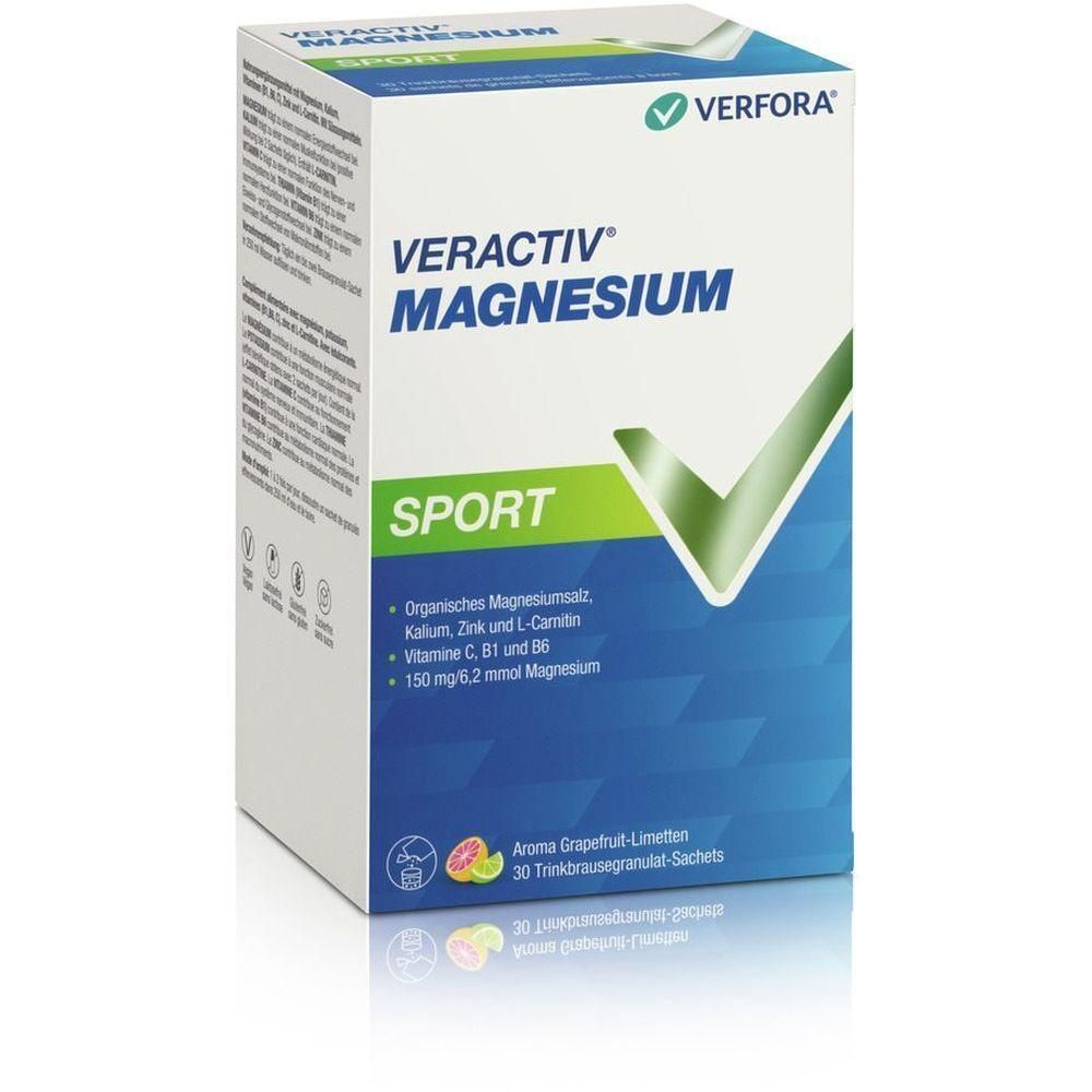 Verfora VERACTIV Magnesium Sport Packung. Blaue Schachtel mit Produktnamen und Inhaltsstoffen. 30 Sachets.