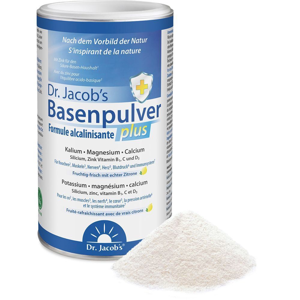 Dose Dr. Jacob's Basenpulver plus und Pulverhaufen. Aufschrift: Formule alcalinisante plus. Enthält Kalium, Magnesium, Calcium, Zink, Vitamine.