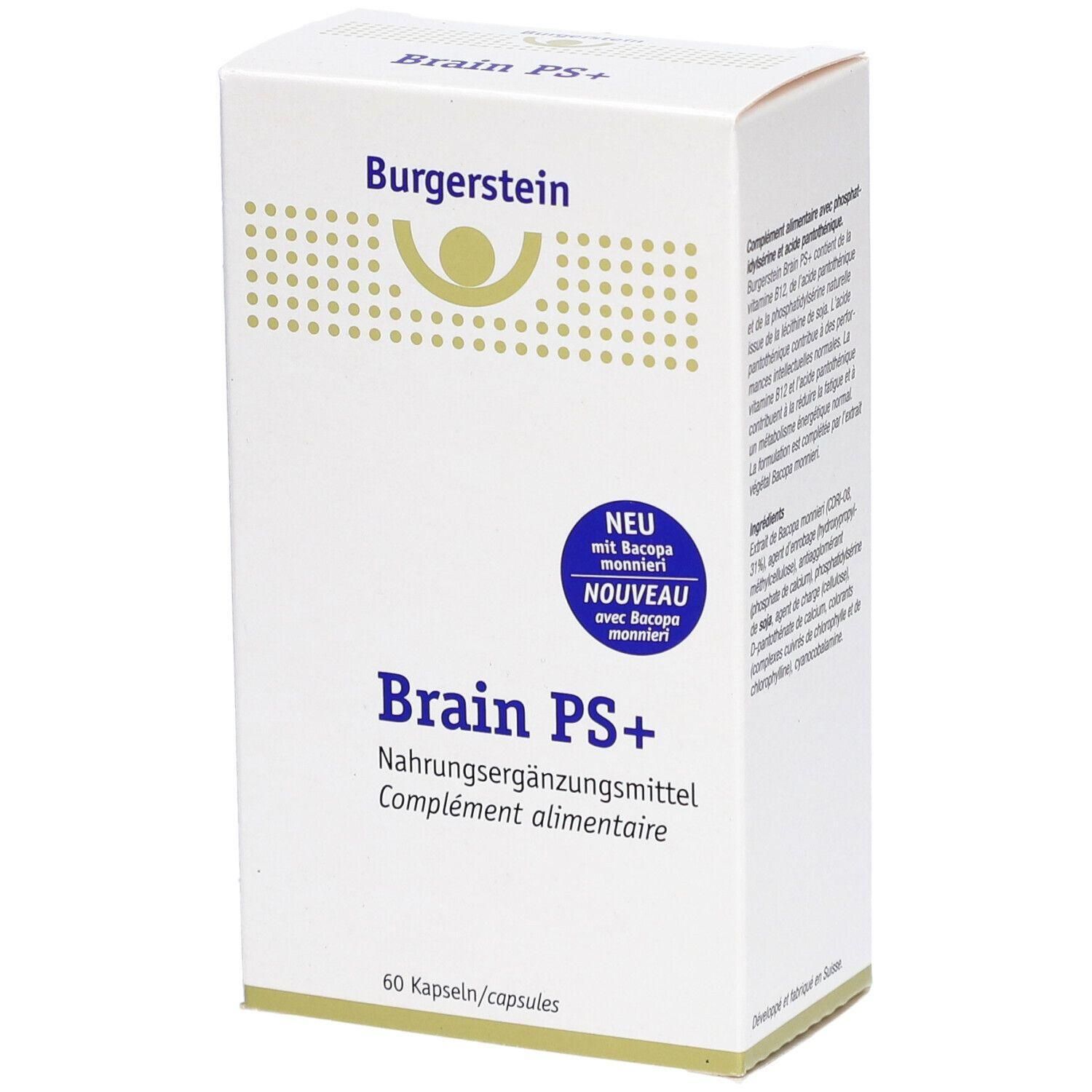Weißer Karton mit Aufschrift Burgerstein, Brain PS+. Enthält 60 Kapseln. Mit Zusatzinformationen in Deutsch und Französisch.