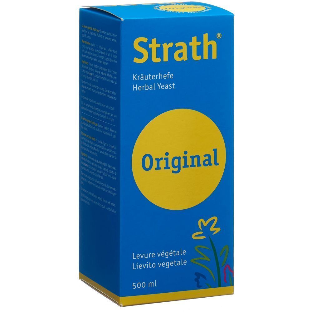 Blau-gelbe Verpackung von Strath Original. Enthält Kräuterhefe. Aufschrift: Original, Levure végétale, 500 ml.