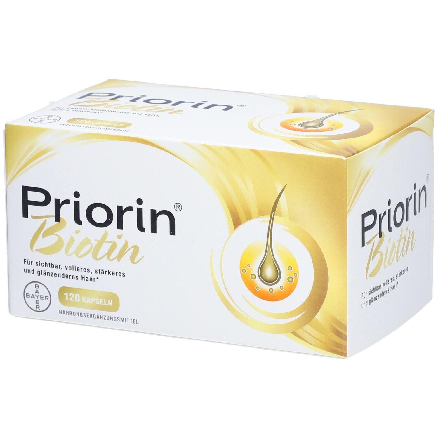 Boîte de Priorin Biotine. Carton blanc avec nom du produit et image de cheveux. Contient 120 gélules.