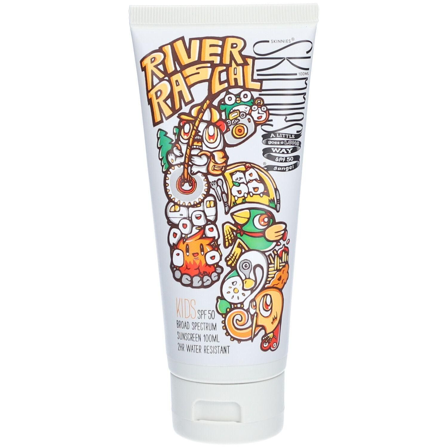 Tube blanche avec illustrations colorées et texte. Inscription "RIVER RASCAL" et "KIDS SPF 50".
