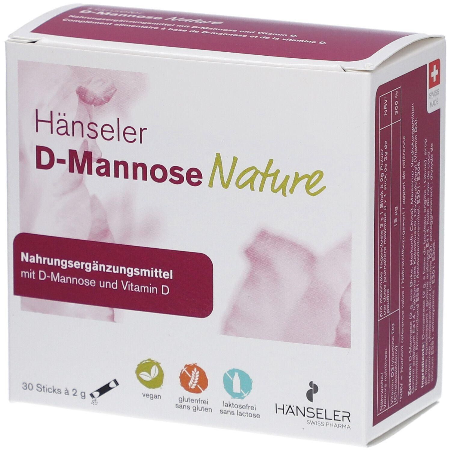 Karton mit Hänseler D-Mannose Nature. Aufschrift: Nahrungsergänzungsmittel mit D-Mannose und Vitamin D. 30 Sticks. Vegan, glutenfrei, laktosefrei.
