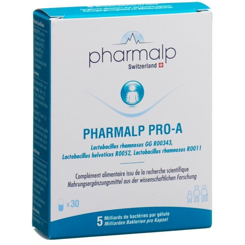 Karton mit PHARMALP PRO-A. Enthält 30 Kapseln. Aufschrift: Nahrungsergänzungsmittel. Enthält Lactobacillus-Stämme. Schweizer Produkt.