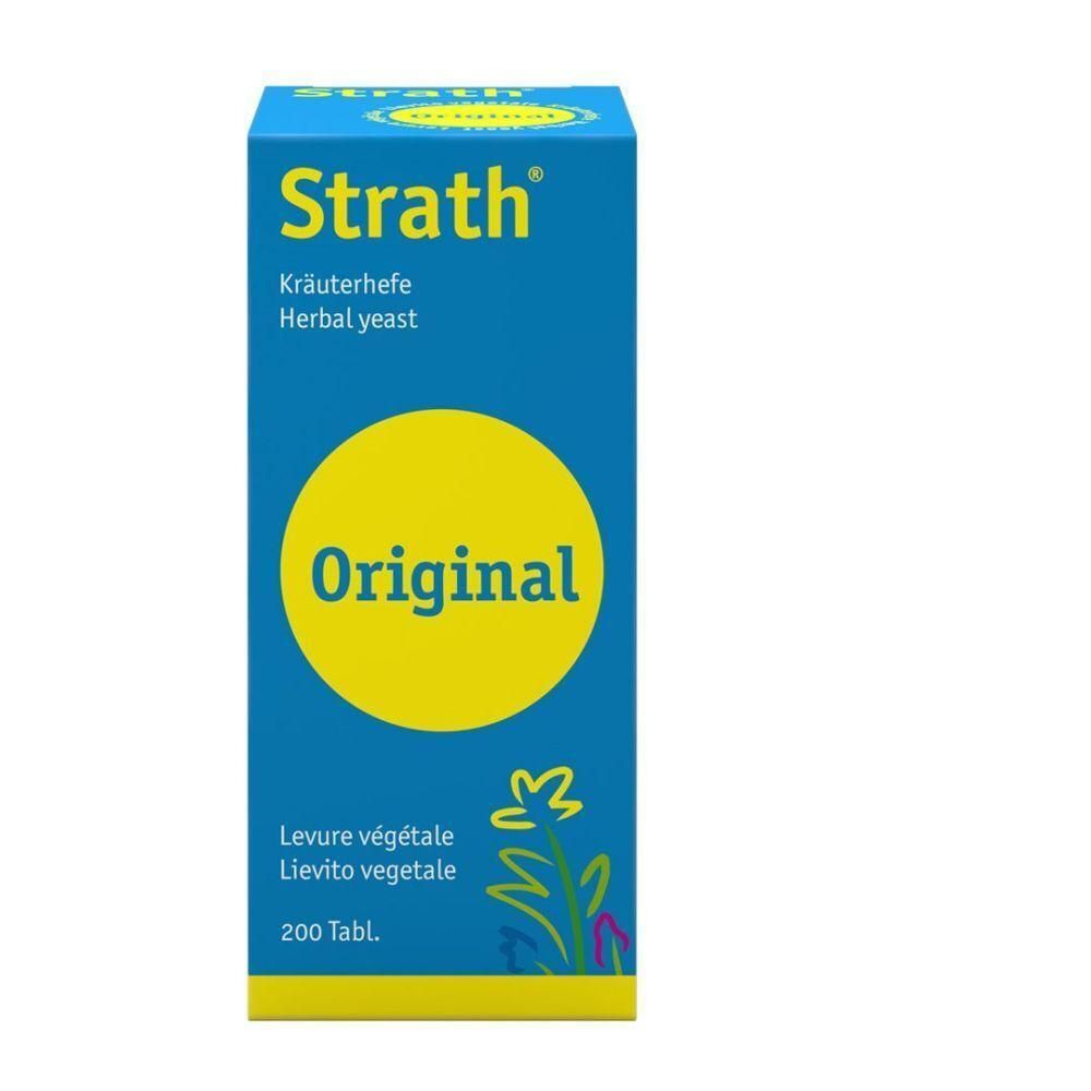 Blau-gelbe Verpackung mit dem Schriftzug Strath Original. Enthält Kräuterhefe. 200 Tabletten.