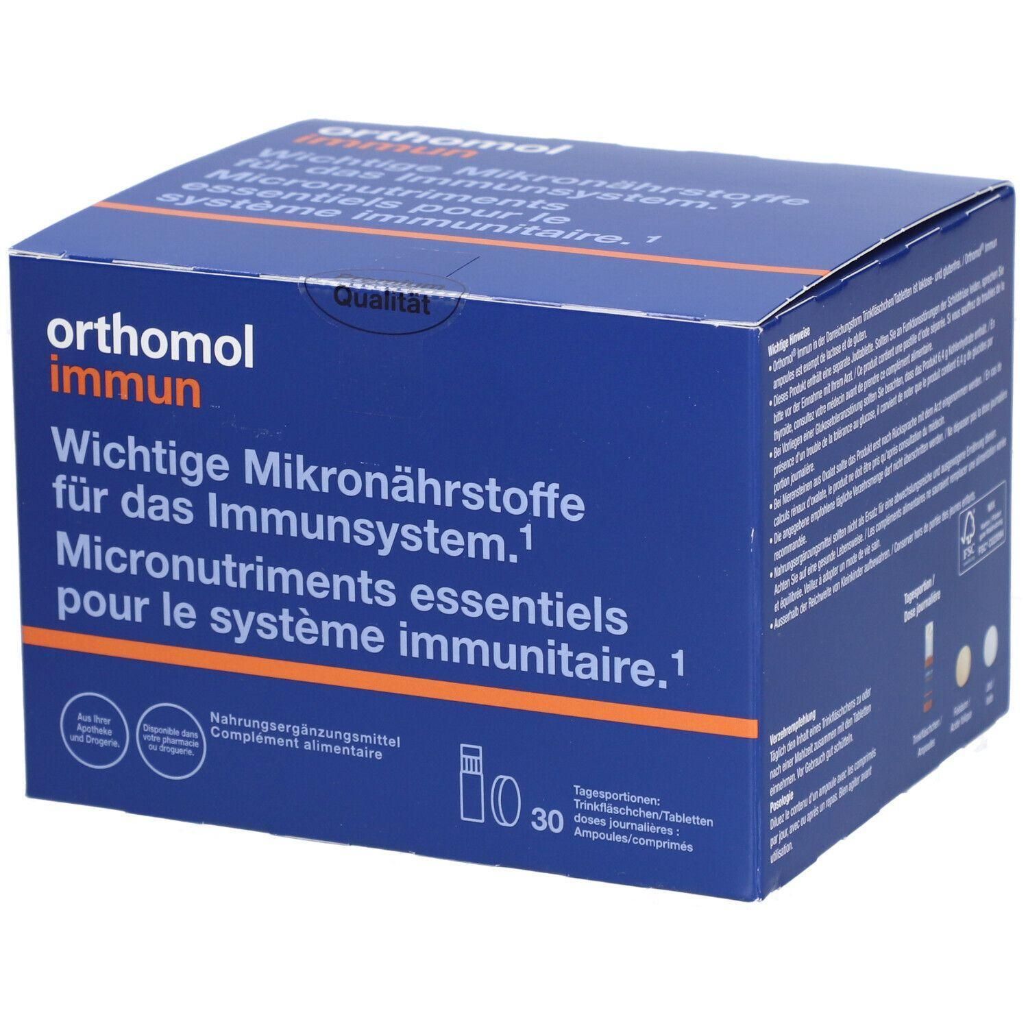 Blau-weiße Schachtel mit Produktinformationen. Schriftzug: Orthomol immun. Enthält Mikronährstoffe für das Immunsystem. 30 Tagesportionen.