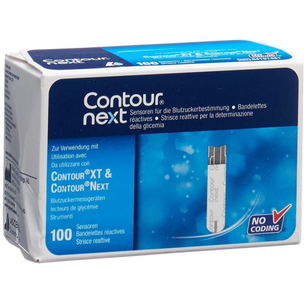 Packung CONTOUR® NEXT Teststreifen. Blaue und weiße Verpackung mit Produktnamen und Text. Enthält 100 Teststreifen. Aufschrift: NO CODING.