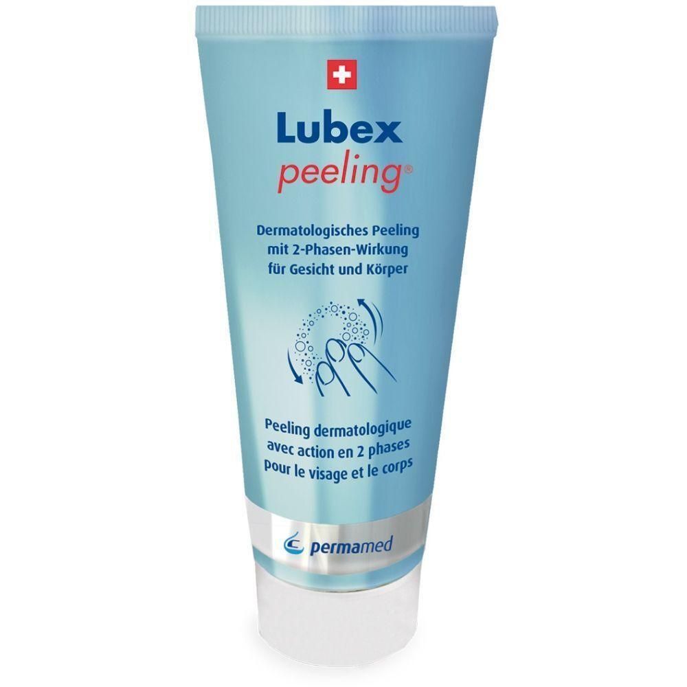 Hellblaue Tube mit weißem Verschluss. Aufschrift: Lubex peeling. Text: Dermatologisches Peeling mit 2-Phasen-Wirkung für Gesicht und Körper. Logo: permamed.