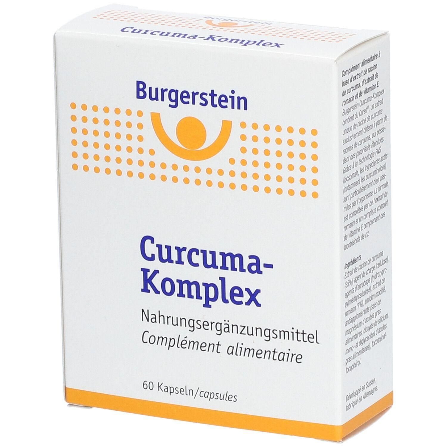 Weißer Karton mit Burgerstein-Logo und Aufschrift Curcuma-Komplex. Enthält 60 Kapseln. Nahrungsergänzungsmittel.