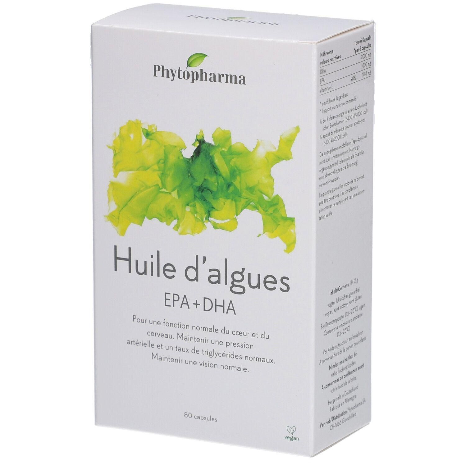 Weiße Verpackung mit Produktnamen und Algen-Illustration. Enthält EPA+DHA. Vegan-Siegel.