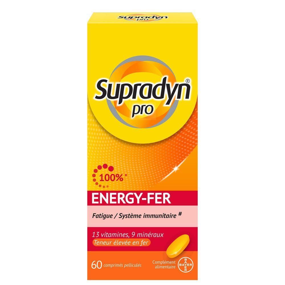 Boîte jaune "Supradyn pro". Texte: "ENERGY-FER", "13 vitamines, 9 minéraux". 60 comprimés. Logo Bayer.