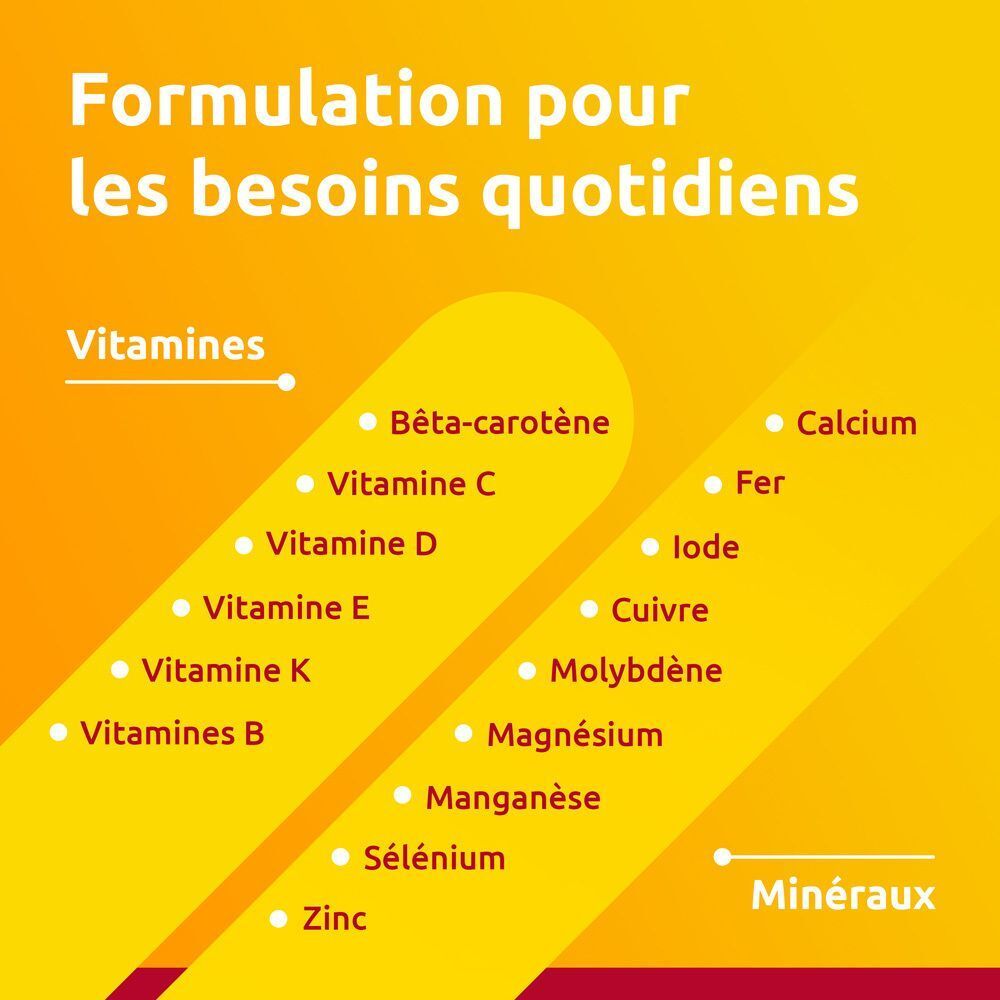 Fond jaune avec liste de vitamines et minéraux. Texte: "Formulation pour les besoins quotidiens".