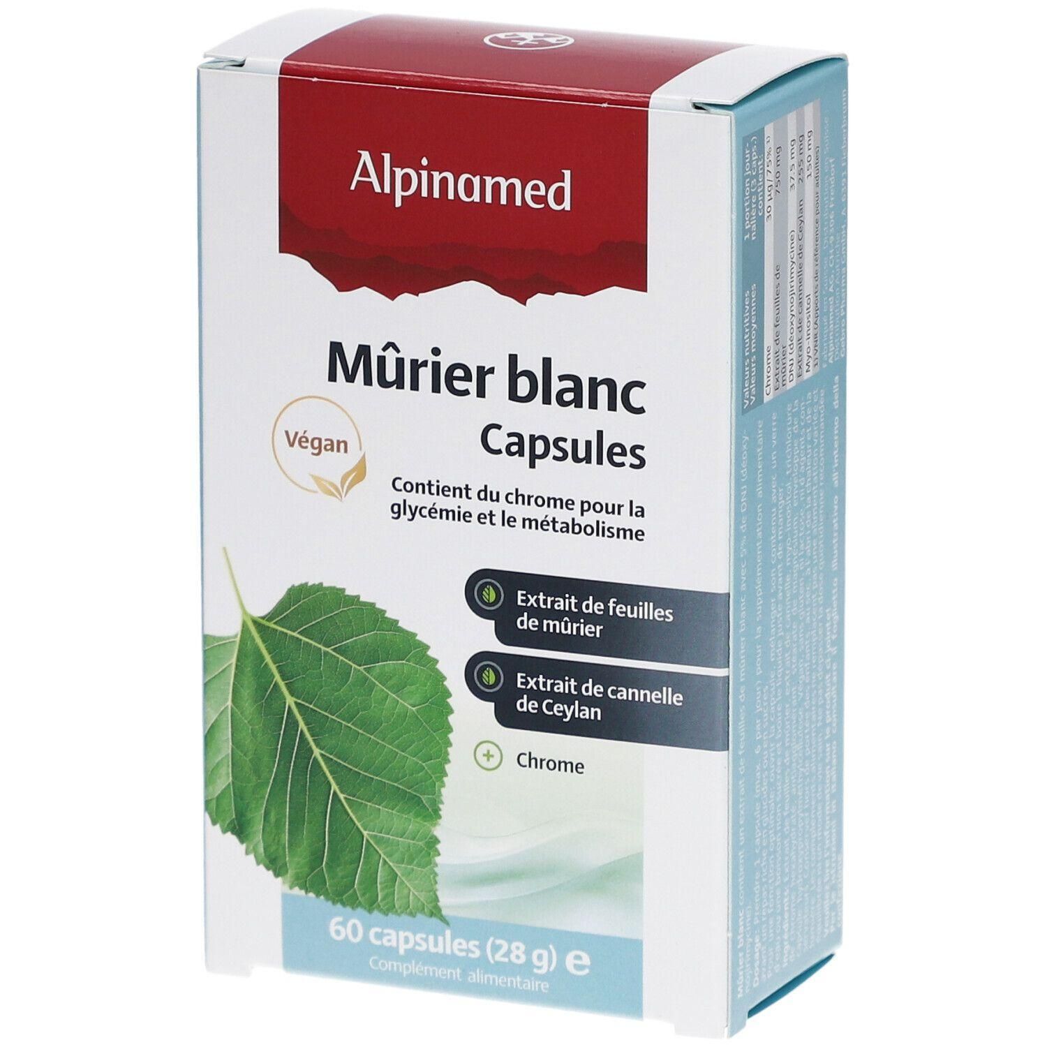 Karton mit Alpinamed Mûrier blanc Capsules. Enthält 60 Kapseln. Vegan. Mit Blättern und Inhaltsstoffangaben. Rote und weiße Verpackung.